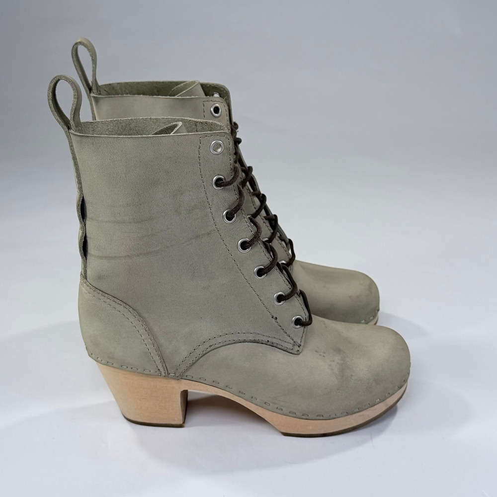 Swedish Hasbeens Clog Boot Womens 36/6 Sage Green Leather Wood Sole Lace Up Boho